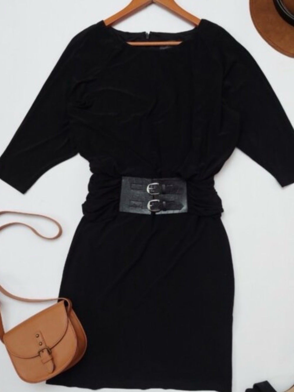 Jessica Howard size 8 black cocktail career dress with embellished leather belt